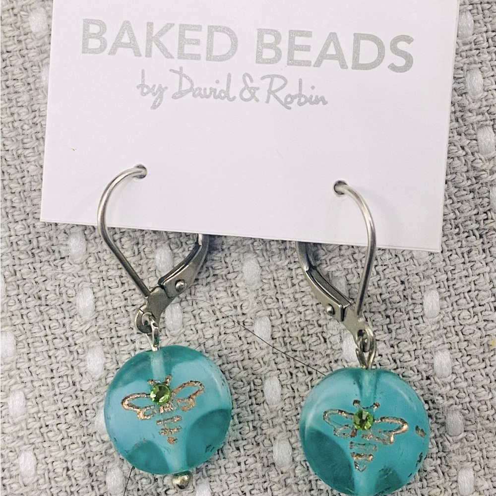 Lever Back Earrings Aquamarine Color Earrings with a gold color stamped Bee